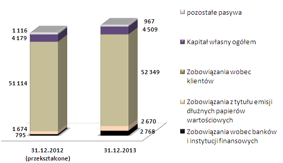 Struktura pasywów Banku na koniec 2012 i 2013 roku (w mln zł) Baza depozytowa Głównym źródłem finansowania działalności operacyjnej Banku są depozyty podmiotów niefinansowych i budżetowych.