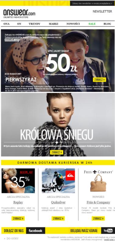 Maile powitalne wśród TOP 100 sklepów w Polsce Mail powitalny 28 % brak newslettera 7 % 65 % Jedynie potwierdzenie Wykres 5.3 Test maili powitalnych na Top 100 sklepów w Polsce wg Wprost/Money.