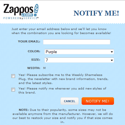Rysunek 5.19 Zappos.com powiadomienie o pojawieniu się produktu 5.4 Mailing pozakupowy Celem maili po-zakupowych jest przekształcenie jednorazowo kupujących w długoterminowych klientów.