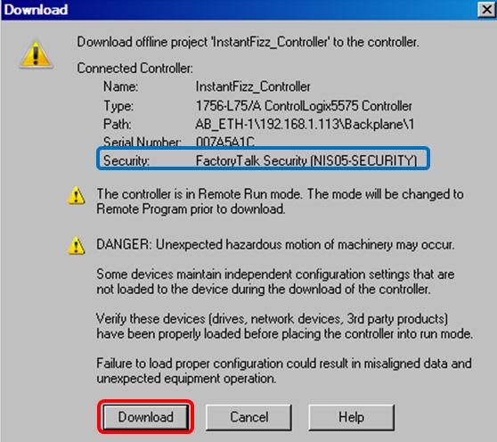 10. W oknie Download zauważ, że sterownik jest już pod opieką serwera bezpieczeństwa, kliknij Download. 11. Przełącz sterownik w tryb Remote Run klikając Yes. 12. Zapisz projekt - kliknij na. 13.