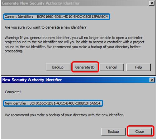 4. Kliknij na przycisk Generate ID. 5. Porównaj stary i nowy ID i zamknij okna, FactoryTalk Administration Console pozostaw otwarty. 6.