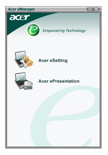55 Używanie systemowych programów narzędziowych Acer emanager Program Acer emanager (emenedżer) jest innowacyjnym rozwiązaniem programowym przeznaczonym do obsługi często używanych funkcji.