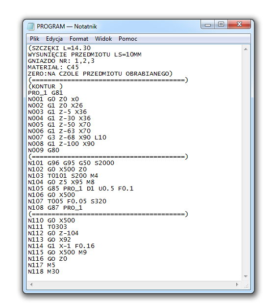Programowanie tokarki sterowanej numerycznie... Rys. 3. Gotowy program NC przeznaczony na tokarkę sterowaną numerycznie CNC Źródło: Opracowanie własne.