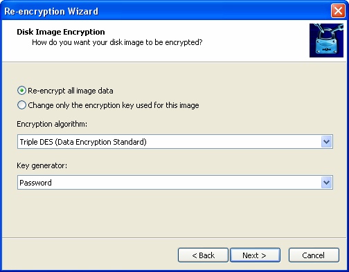 Pola Encryption algorithm i Key generator opisane zostały w rozdziale Tworzenie dysków zaszyfrowanych.