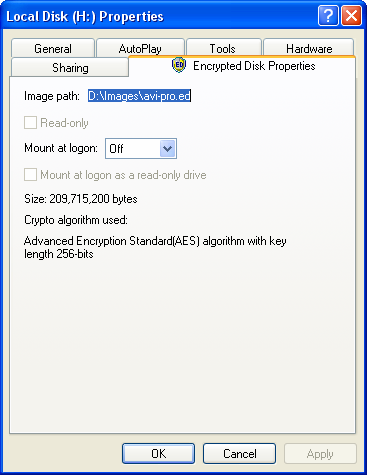 Właściwości dysku zaszyfrowanego w eksploratorze Windows Program dodaje specjalną kartę Encrypted Disk Properties do standardowego okna dialogowego Disk/ File properties.