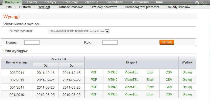 Rys. 8 Okno Wyciągi Okno Wyciągi pokazuje Listę wyciągów w postaci tabeli z danymi: Numer wyciągu i Zakres dat (Od, Do) przedstawia numer kolejnego wyciągu wygenerowanego w Banku za okres, w którym