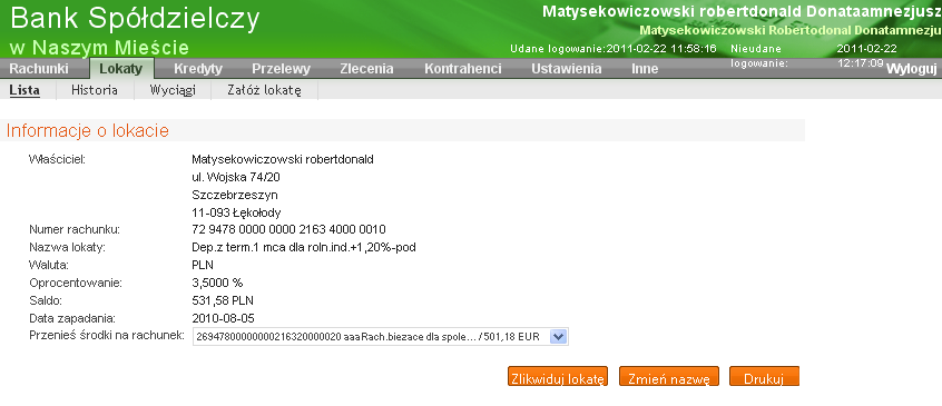 Rys. 11 Okno Lista lokat. Dla każdej z lokat wyświetlane są: numer i nazwa rachunku lokaty, aktualne saldo i waluta lokaty, data zapadania lokaty.