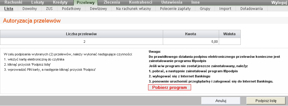 Rys. 21 Okno - Podpis przelewów hasłem SMS O pomyślnym zakończeniu akcji program poinformuje wyświetlając tablicę Dyspozycja została przyjęta.