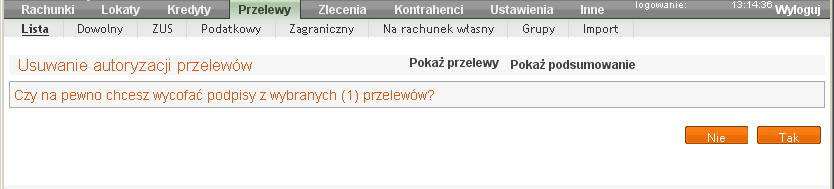 W tabeli zostaną wyświetlone przelewy do akceptacji z zadanego okresu i wybranego rachunku.