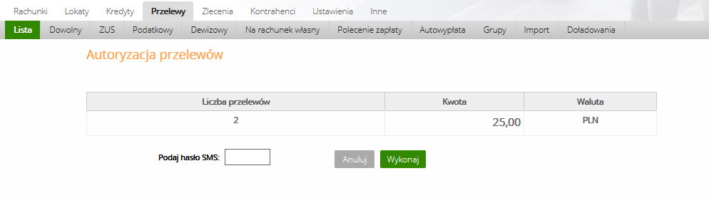 Rys. 20 Okno Przelewy z grupy Otworzy się wówczas nowe okno o nazwie Autoryzacja przelewów (okno poniżej) gdzie system pokazuje ile i na jaką kwotę podpisujesz przelewy.