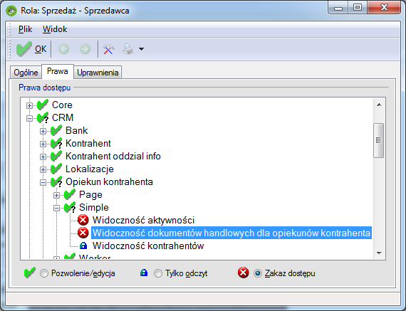 Żeby mechanizm opiekunów zadziałał w pełni, należy dodatkowo ustalić prawa na roli w gałęzi CRM/Opiekun kontrahenta/simple.