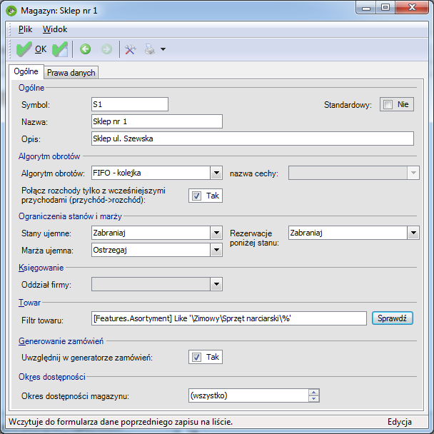 oddział posiada kilka magazynów, na których powinien być dostępny ten sam asortyment, wszystkie magazyny w tym oddziale powinny mieć skonfigurowany odpowiednio filtr towarów.