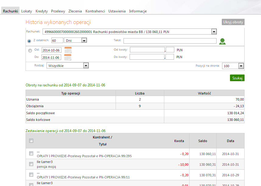 Rys. 8 Zestawienie operacji i obrotów na wybranym rachunku wg żądanych parametrów filtracji w oknie Historia wykonanych operacji.