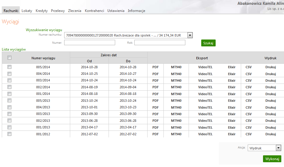 Rys. 9 Okno Wyciągi Okno Wyciągi pokazuje Listę wyciągów w postaci tabeli z danymi: Przez zaznaczenie w pierwszej kolumnie kwadratów wyboru przy każdym wyciągu możliwy jest wydruk lub eksport wielu