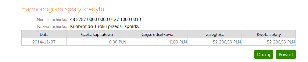 Po wybraniu polecenia szczegóły z tabeli można przejrzeć szczegółowe informacje o wybranym kredycie, takie jak: pełne dane adresowe właściciela lokaty, numer i nazwa rachunku kredytu, waluta kredytu,