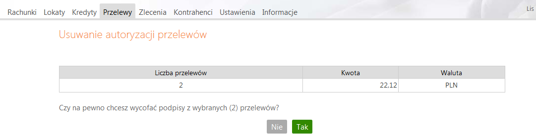 Ustawienia Parametry Akceptacja przelewów Modyfikuj w zależności od ustawienia wartości parametru: Niezależna od podpisu lub Jednoczesna z podpisem można zdecydować odpowiednio o rozdzielnym bądź