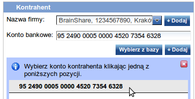 Jeśli dokument nie posiada uzupełnionego numeru konta bankowego kontrahenta, należy wejść w jego podgląd (klikają nazwę dokumentu). W sekcji Kontrahent patrzymy na pozycję Konto bankowe.