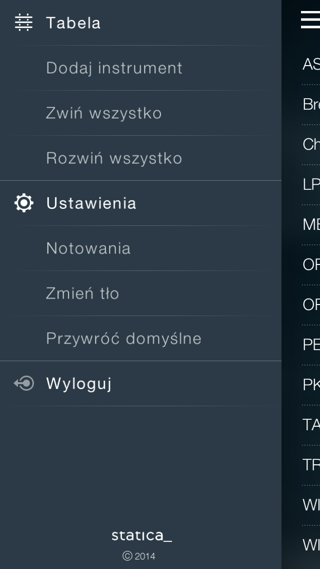 Menu główne programu Ekran główny programu posiada menu, dostępne po wciśnięciu ikony menu znajdującej się w lewym, górnym rogu ekranu.