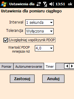 Pomiary GPS Z poziomu mapy wybieramy ^- GPS>Ustawienia GPS i ustawiamy parametry jak obok na rysunku.