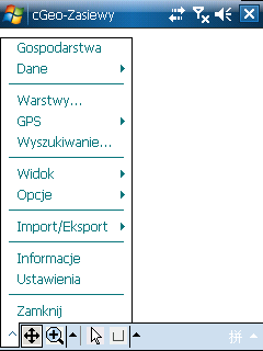 Funkcje dostępne na mapie: - menu mapy: -Gospodarstwa otwarcie menu gospodarstw (opisane powyżej) - Dane-Lista działek pomierzonych- działki pomierzone na edytowalnej warstwie z podanym obwodem,