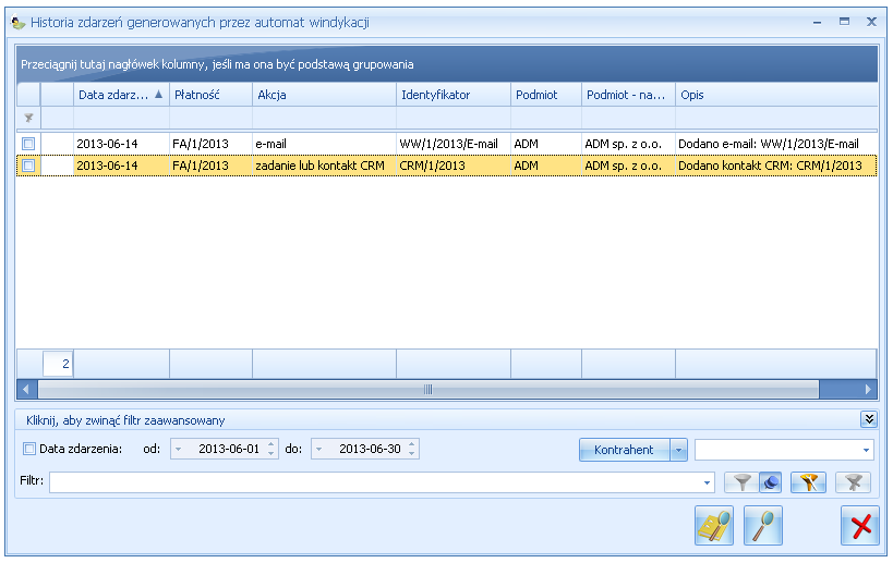 10.1.2.4 Historia zdarzeń generowanych przez Comarch ERP Automat Windykacji Lista zawiera historię wszystkich akcji wykonanych przez Comarch ERP Automat Windykacji.