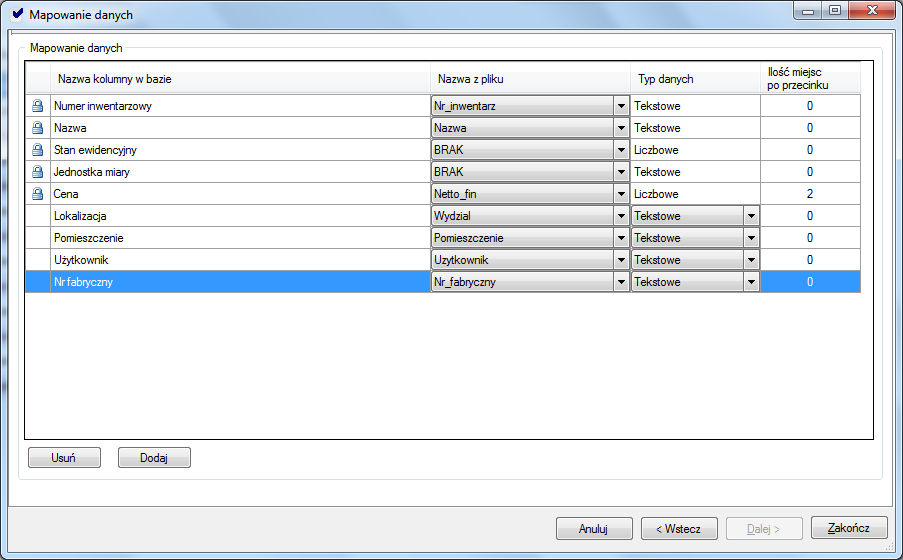 Strona11 Pozycje w oknie mapowania oznaczone ikoną kłódki są obowiązkowe w bazie i nie można ich usunąć, ale można zmienić ich nazwę. Należy wskazać na liście ich nazwę w pliku źródłowym.
