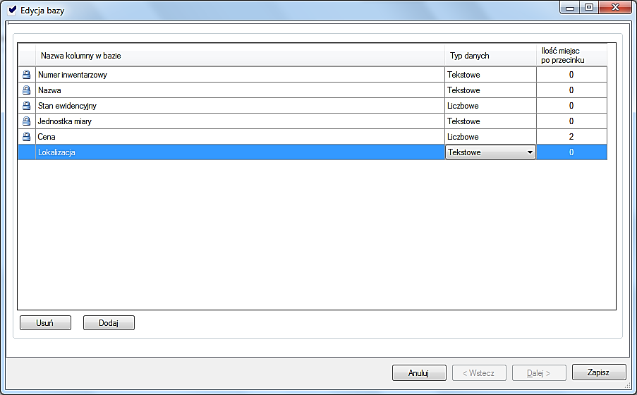 Strona14 EDYCJA BAZY Jeśli chcemy zmienić strukturę bazy, czyli ilość, rodzaj i nazwy pól (kolumn), możemy do tego użyć funkcji menu głównego Inwentarz Edytuj bazę.