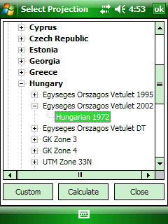 Okno dialogowe Wybierz odwzorowanie: Region > Państwo > układ odwzorowania > odniesienie Nowy - Otwiera okno dialogowe Projekcja użytkownika aby dostosować wybrany układ do