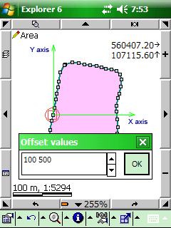 Przenoszenie obiektu powierzchniowego z zesnapowanym obiektem referencyjnym przez przeciągnięcie Okno wartości offsetu Wpisz pozycję X; Y oraz kierunek offsetu, aby dokonać offsetu (przesunięcia)