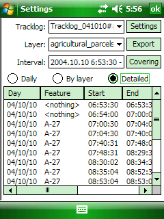 GPS Tracklog i warstwa obszar w oknie warstwy i w widoku mapy.