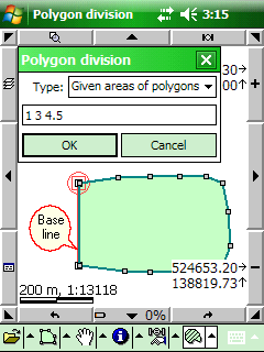 Pole Dystans buforu (BufferDist) w tabeli atrybutów warstwy ze strefą buforową Dzielenie obszaru Dzieli wybrany poligon równolegle z linią bazową używając różnych metod podziału i przechowuje