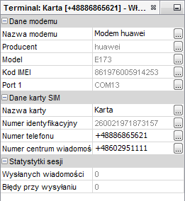 Program nie określa automatycznie numeru telefonu karty SIM (pola Numer telefonu) oraz (dotyczy to niektórych modeli terminali) numeru centrum SMS (pole: Centrum SMS).