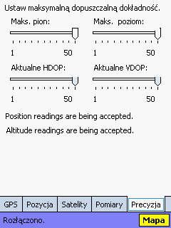 35 W zakładce Pomiary wyświetlane są dane dostarczone z urządzenia GPS w postaci graficznej: W Zakładce Precyzja możemy