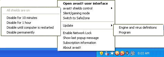 Ikona avast! w polu systemowym Za pomocą pomarańczowej ikony programu avast! umieszczonej w polu systemowym można uzyskać dostęp do szeregu funkcji bez otwierania głównego interfejsu użytkownika.