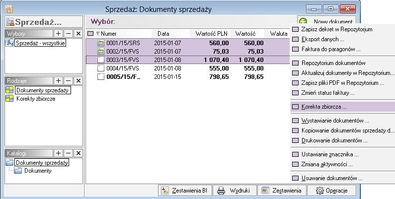 dokumencie pozycji pochodzących z wielu dokumentów. Korekcie zbiorczej podlegają wyłącznie ceny i wartości pozycji wybranych dokumentów.