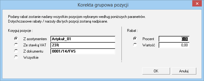 W uruchomionym oknie Korekta grupowa pozycji określa się parametry, według których będzie realizowana korekta grupowa pozycji. Tu również wprowadza się procent lub wartość udzielanego rabatu.