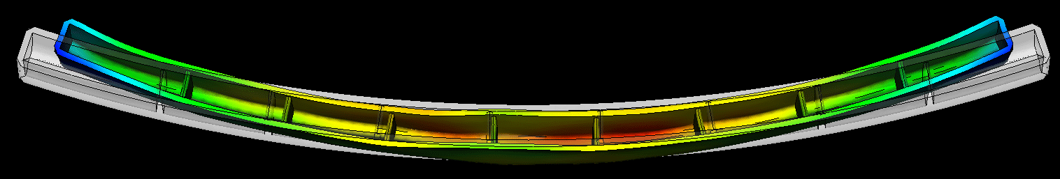 Comparison of deflection Conformal Cooling The picture shows the deformation using conformal cooling. The vertical deflection of 0.34 mm are mainly due to fibre orientation.