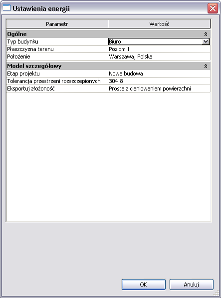 W oknie dialogowym Ustawienia energii (Energy Analysis) zawarte są informacje, które wyeksportowane zostaną z programu Revit do pliku gbxml (Rysunek 7).