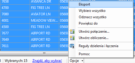 Ćwiczenie 1: Eksportowanie danych do pliku CSV w celu użycia w raporcie. Wyświetla okno dialogowe Tabela danych dla działek w strefie budowlanej.