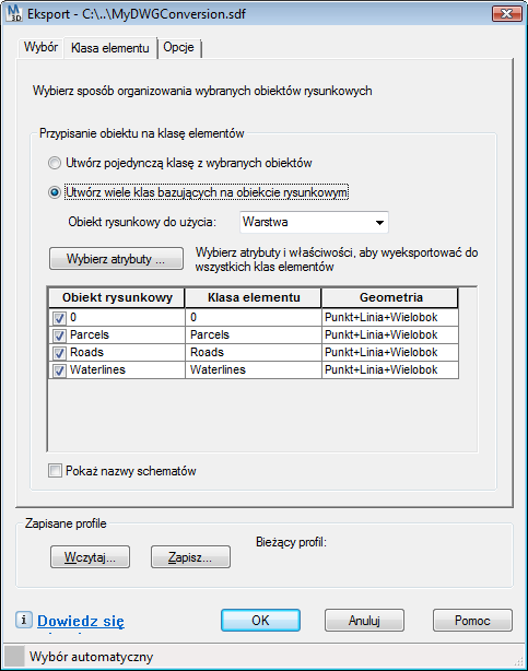 Określanie właściwości klas obiektów w pliku SDF 1 W oknie dialogowym Eksport w zakładce Klasa elementówkliknij Utwórz wiele klas na podstawie obiektu rysunkowego i dla opcji Obiekty rysunkowe do