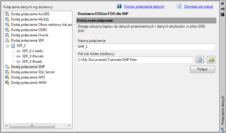 4 Kliknij menu Dane Połącz z danymi. 5 Z lewej strony okna dialogowego Połącz z danymi kliknij Dodaj połączenie SHP.