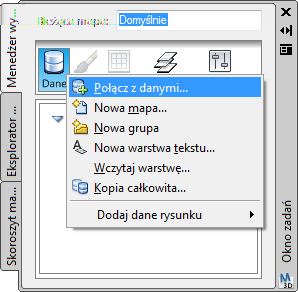 Użycie funkcji Połącz z danymi w celu dodania danych do mapy Do dodania pliku zawierającego dane drogi użyj Menedżera wyświetlania. Dodawanie danych do mapy 1 W Okno zadań (str.