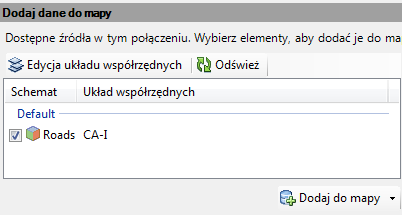 Aby dodać element, nawiąż połączenie z jego źródłem. 7 W oknie Połącz z danymi w opcji Dodaj dane do mapy, wybierz Drogi i kliknij Dodaj do mapy.