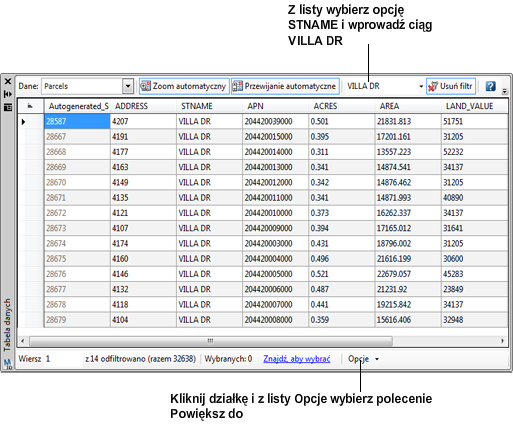 Używanie Tabeli danych do filtrowania wyświetlanych działek. 3 Upewnij się, że włączona jest opcja Powiększenie automatyczne.