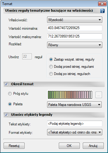 W oknie dialogowym Temat w grupie Określ temat kliknij opcję Paleta i wybierz pozycję Paleta - Mapa narodowa USGS. Jako temat powierzchni wybrana została paleta o nazwie Mapa narodowa USGS.