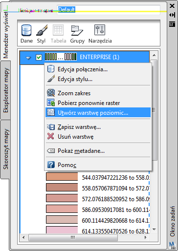 Kliknięcie warstwy powierzchni prawym przyciskiem myszy w Menedżerze wyświetlania umożliwia utworzenie warstwic.