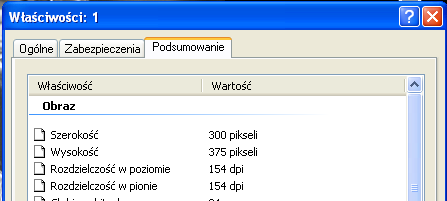 Ilustracja 2: Okno dialogowe "Właściwości", zakładka Ogólne W okienku właściwości wybrać Podsumowanie. Rozmiary zdjęcia podane są na początku listy.