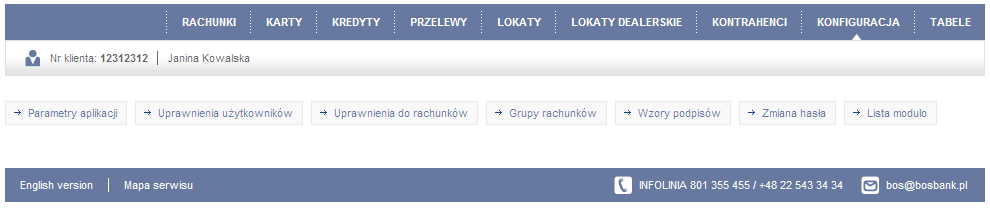 Zarządzanie uprawnieniami użytkowników Zarządzanie uprawnieniami użytkowników do rachunków Definiowanie grup rachunków Definiowanie progów kwotowych przy sprawdzaniu podpisów dla przelewów Zmianę