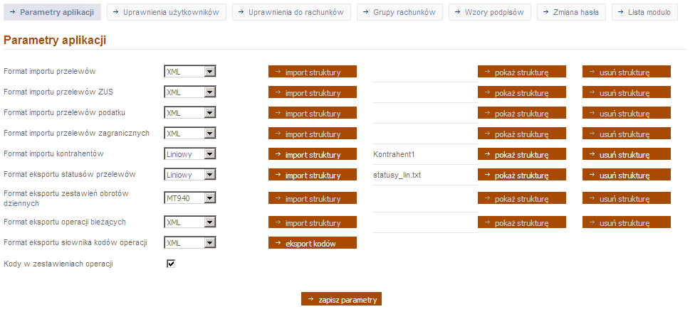 Parametry aplikacji Wszystkie dostępne w aplikacji formaty to: XML ELIXIR Liniowy VideoTel Płatnik MT940 Uwaga: Przy każdej pozycji importu lub eksportu wyświetlone są dostępne formaty dla danego