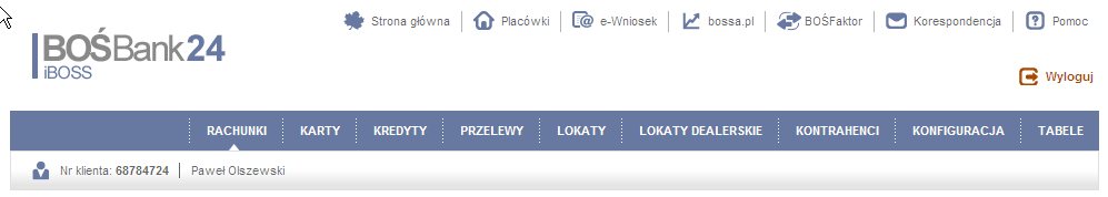 3. Rozpoczęcie pracy Po uruchomieniu systemu, w górnej części ekranu, dostępne staje się menu aplikacji. Menu umożliwia klientowi dostęp do operacji na wybranym rachunku.